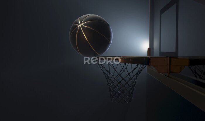 Papier peint  Ballon de basketball noir et or en équilibre sur le cercle d’un panier