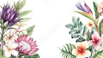 Papier peint  Banner featuring hand drawn watercolor illustrations of tropical flowers including purple protea plumeria strelitzia and hibiscus set against a white background Horizontal design
