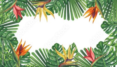 Papier peint  Banner frame green palm leaves strelitzia flower. Monstera Likuala Jungle tropical exotic. Hand-drawn watercolor illustration isolated on white background. For logo card poster label invitations