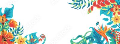 Papier peint  Banner with tropical leaves and flowers. Isolated on white.