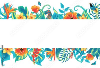 Papier peint  Banner with tropical leaves, flowers and a bird.