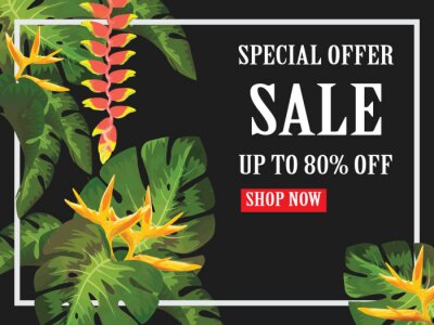 Papier peint  Bannière de vente, affiche. Beau fond floral d'été jungle floral avec toucan. Fleurs tropicales, feuilles de palmier, Strelitzia, feuilles et plantes