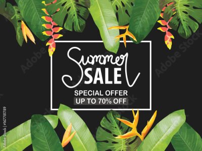 Papier peint  Bannière de vente, affiche. Beau fond floral d'été jungle floral avec toucan. Fleurs tropicales, feuilles de palmier, Strelitzia, feuilles et plantes