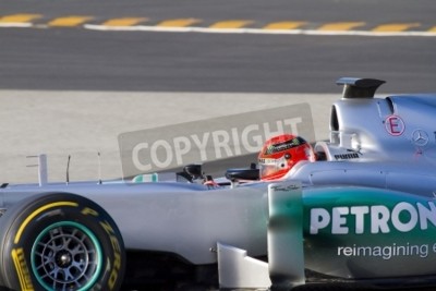 Papier peint  BARCELONA - FEBRUARY 21: Michael Schumacher of Mercedes F1 team racing at Formula One Teams Test Days at Catalunya circuit on February 21, 2012 in Barcelona, Spain