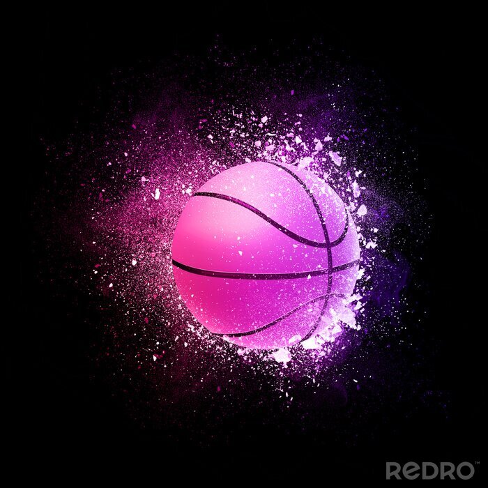 Papier peint  Basketball Ball flying in violet particles isolated on black background. Sport competition concept for basketball tournament poster, placard, card or banner.