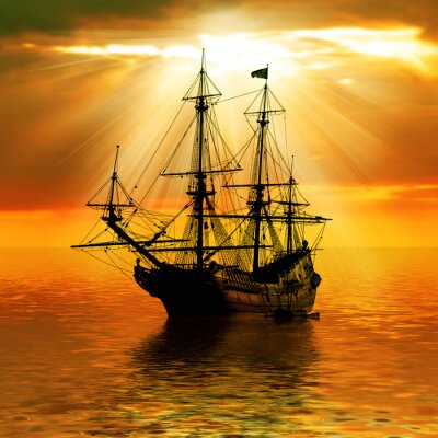 Papier peint  Bateau à voile de pirates au coucher du soleil