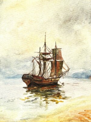 Papier peint  Bateau de pirates bateau à voile aquarelle