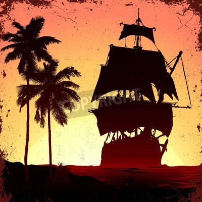 Papier peint  Bateau et palmiers tropicaux