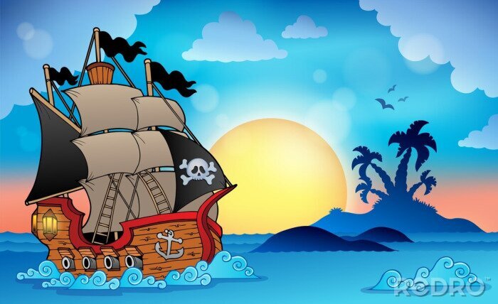 Papier peint  Bateau pirate et île tropicale