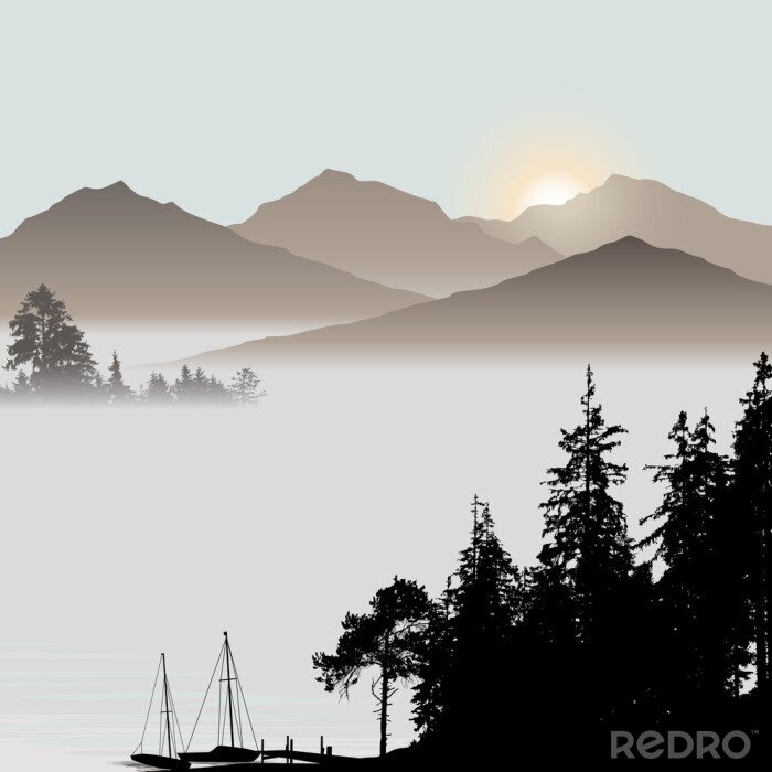 Papier peint  Bateaux et forêt sur fond de montagnes