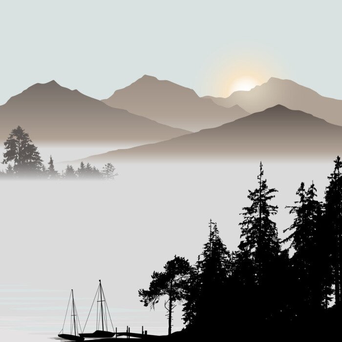 Papier peint  Bateaux et forêt sur fond de montagnes