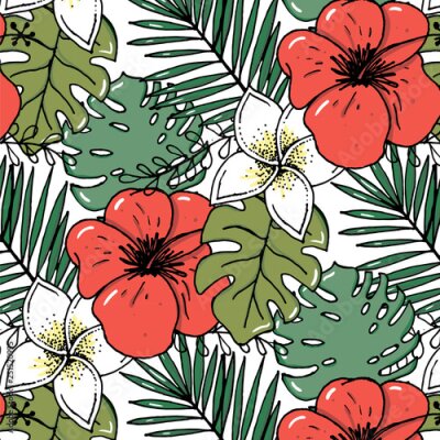 Papier peint  Beach cheerful pattern wallpaper of tropical dark green leaves of palm trees and flowers bird of paradise strelitzia plumeria on a light yellow background