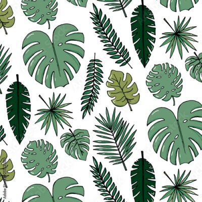 Papier peint  Beach cheerful pattern wallpaper of tropical dark green leaves of palm trees and flowers bird of paradise strelitzia plumeria on a light yellow background