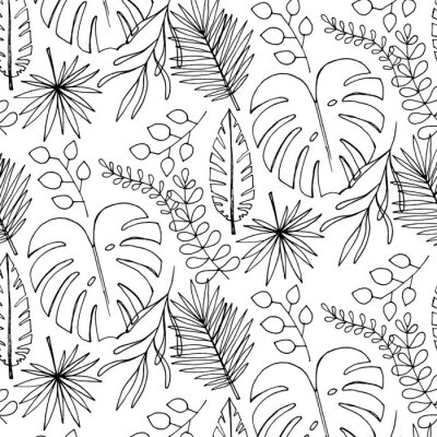 Papier peint  Beach cheerful pattern wallpaper of tropical dark green leaves of palm trees and flowers bird of paradise strelitzia plumeria on a light yellow background
