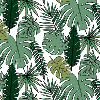 Papier peint  Beach cheerful pattern wallpaper of tropical dark green leaves of palm trees and flowers bird of paradise strelitzia plumeria on a light yellow background