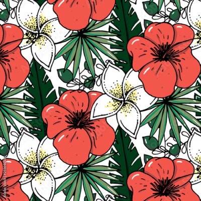 Papier peint  Beach cheerful pattern wallpaper of tropical dark green leaves of palm trees and flowers bird of paradise strelitzia plumeria on a light yellow background