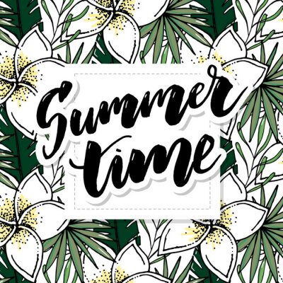 Papier peint  Beach cheerful pattern wallpaper of tropical dark green leaves of palm trees and flowers bird of paradise strelitzia plumeria on a light yellow background