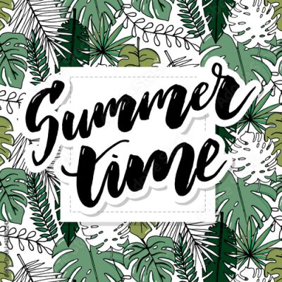 Papier peint  Beach cheerful pattern wallpaper of tropical dark green leaves of palm trees and flowers bird of paradise strelitzia plumeria on a light yellow background