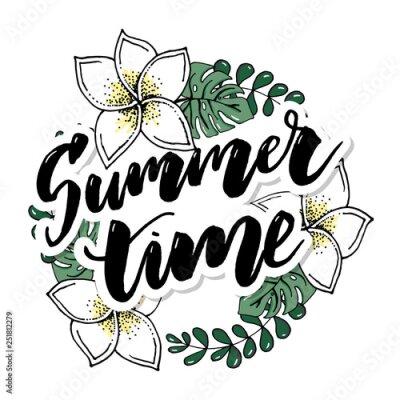 Papier peint  Beach cheerful pattern wallpaper of tropical dark green leaves of palm trees and flowers bird of paradise strelitzia plumeria on a light yellow background