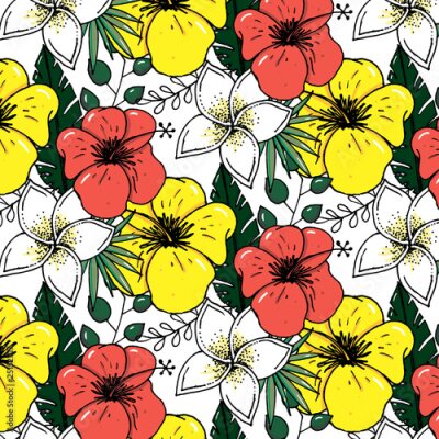 Papier peint  Beach cheerful pattern wallpaper of tropical dark green leaves of palm trees and flowers bird of paradise strelitzia plumeria on a light yellow background