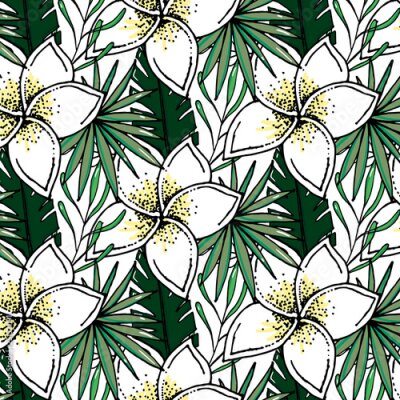 Papier peint  Beach cheerful pattern wallpaper of tropical dark green leaves of palm trees and flowers bird of paradise strelitzia plumeria on a light yellow background