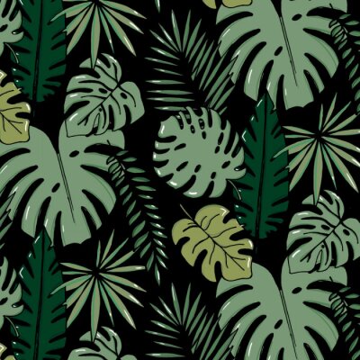 Papier peint  Beach cheerful pattern wallpaper of tropical dark green leaves of palm trees and flowers bird of paradise strelitzia plumeria on a light yellow background