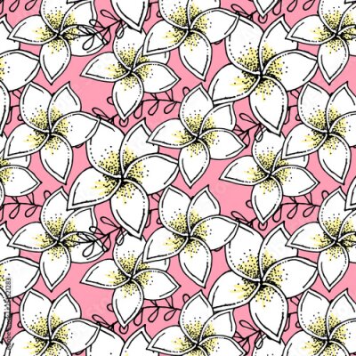 Papier peint  Beach cheerful pattern wallpaper of tropical dark green leaves of palm trees and flowers bird of paradise strelitzia plumeria on a light yellow background