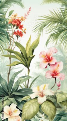 Papier peint  Beach cheerful  pattern wallpaper of tropical dark green leaves of palm trees and flowers bird of paradise (strelitzia) plumeria on a light yellow background