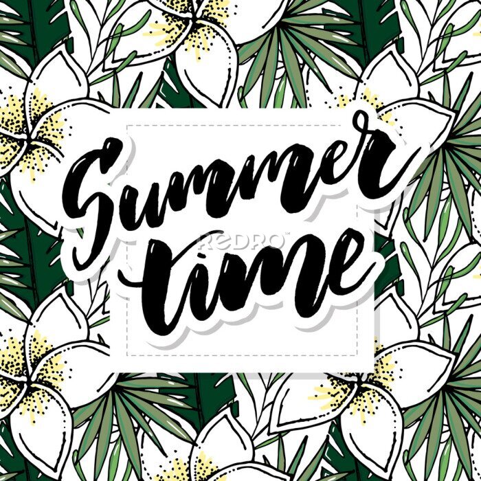 Papier peint  Beach cheerful pattern wallpaper of tropical dark green leaves of palm trees and flowers bird of paradise strelitzia plumeria on a light yellow background