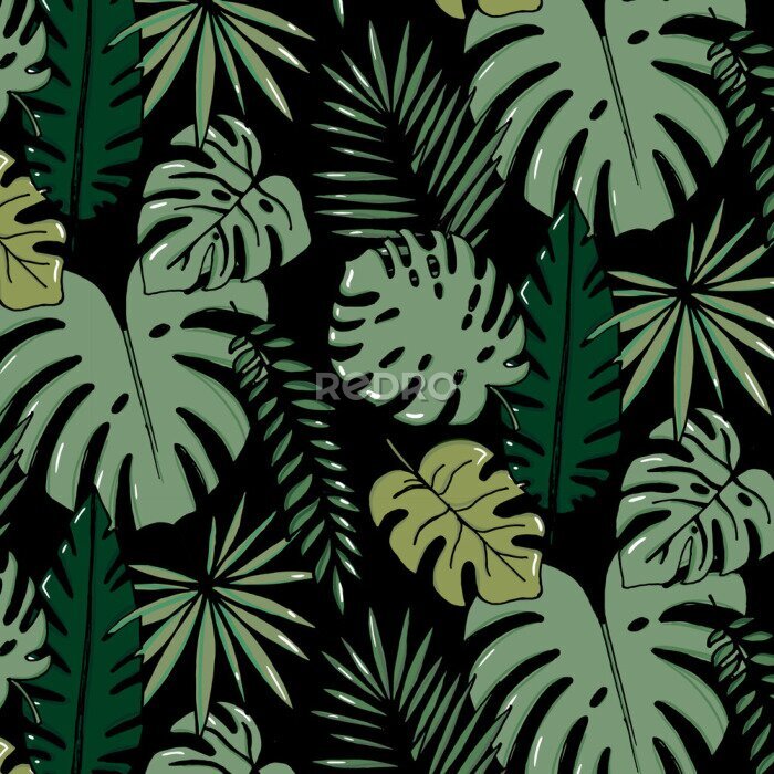 Papier peint  Beach cheerful pattern wallpaper of tropical dark green leaves of palm trees and flowers bird of paradise strelitzia plumeria on a light yellow background