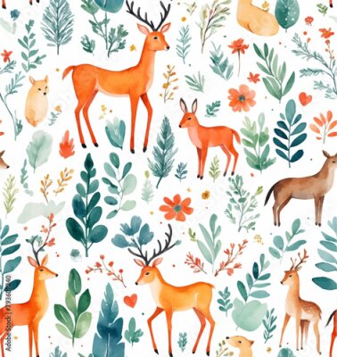 Papier peint  Beach cheerful seamless pattern wallpaper of tropical dark green leaves of palm trees and flowers bird and animal of paradise (strelitzia) plumeria on a watercolor  and drawing background