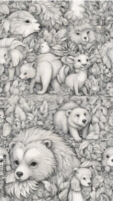 Papier peint  Beach cheerful seamless pattern wallpaper of tropical dark green leaves of palm trees and flowers bird and animal of paradise (strelitzia) plumeria on a watercolor  and drawing background