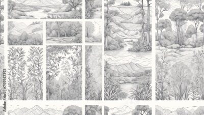 Papier peint  Beach cheerful seamless pattern wallpaper of tropical dark green leaves of palm trees and flowers bird and animal of paradise (strelitzia) plumeria on a watercolor  and drawing background