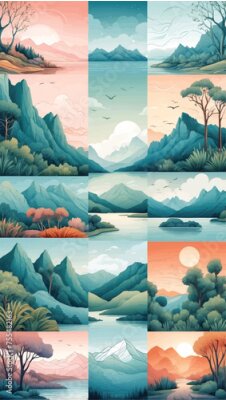 Papier peint  Beach cheerful seamless pattern wallpaper of tropical dark green leaves of palm trees and flowers bird and animal of paradise (strelitzia) plumeria on a watercolor  and drawing background