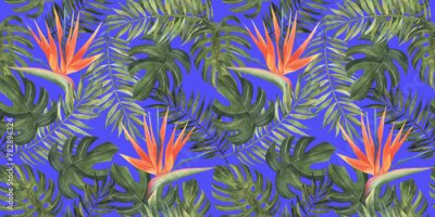Papier peint  Beach cheerful seamless pattern wallpaper of tropical dark green leaves of palm trees and flowers bird of paradise (strelitzia) on a bright blue violet background