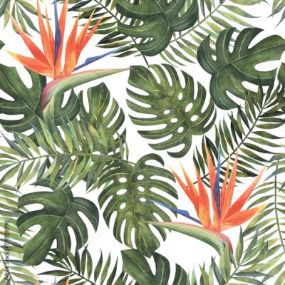 Papier peint  Beach cheerful seamless pattern wallpaper of tropical dark green leaves of palm trees and flowers bird of paradise (strelitzia) on a light yellow background