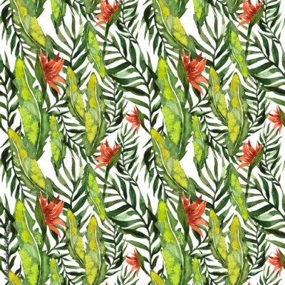 Papier peint  Beach cheerful seamless pattern wallpaper of tropical dark green leaves of palm trees and flowers bird of paradise (strelitzia) plumeria and hibiscus on a white  background.Watercolor illustration
