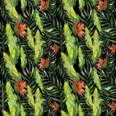 Papier peint  Beach cheerful seamless pattern wallpaper of tropical dark green leaves of palm trees and flowers bird of paradise (strelitzia) plumeria and hibiscus on a white  background.Watercolor illustration
