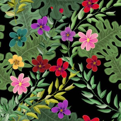 Papier peint  Beach cheerful seamless pattern wallpaper of tropical dark green leaves of palm trees and flowers bird of paradise (strelitzia) plumeria on a light background