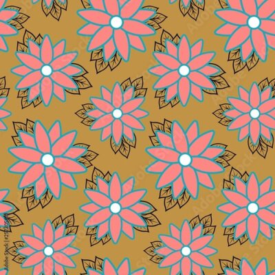 Papier peint  Beach cheerful seamless pattern wallpaper of tropical dark green leaves of palm trees and flowers bird of paradise (strelitzia) plumeria on a light yellow background