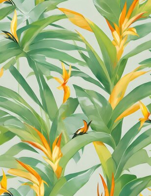 Papier peint  Beach cheerful seamless pattern wallpaper of tropical dark green leaves of palm trees and flowers bird of paradise (strelitzia) plumeria on a light yellow background