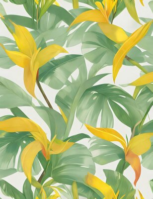Papier peint  Beach cheerful seamless pattern wallpaper of tropical dark green leaves of palm trees and flowers bird of paradise (strelitzia) plumeria on a light yellow background