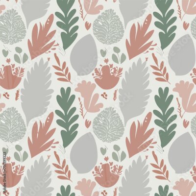 Papier peint  Beach cheerful seamless pattern wallpaper of tropical dark green leaves of palm trees and flowers bird of paradise (strelitzia) plumeria on a light yellow background