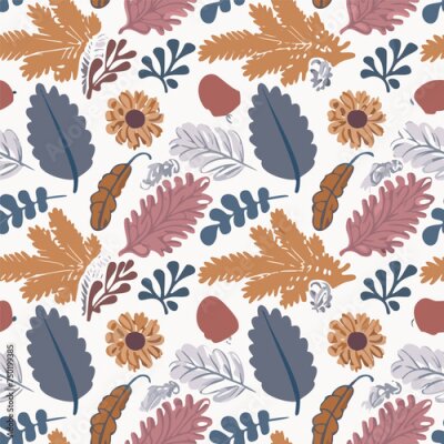 Papier peint  Beach cheerful seamless pattern wallpaper of tropical dark green leaves of palm trees and flowers bird of paradise (strelitzia) plumeria on a light yellow background