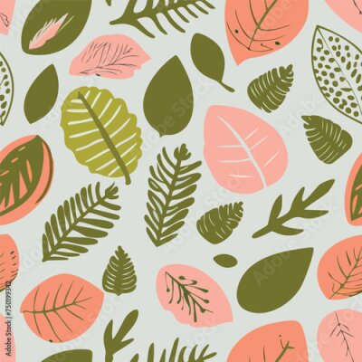 Papier peint  Beach cheerful seamless pattern wallpaper of tropical dark green leaves of palm trees and flowers bird of paradise (strelitzia) plumeria on a light yellow background