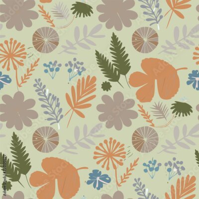 Papier peint  Beach cheerful seamless pattern wallpaper of tropical dark green leaves of palm trees and flowers bird of paradise (strelitzia) plumeria on a light yellow background