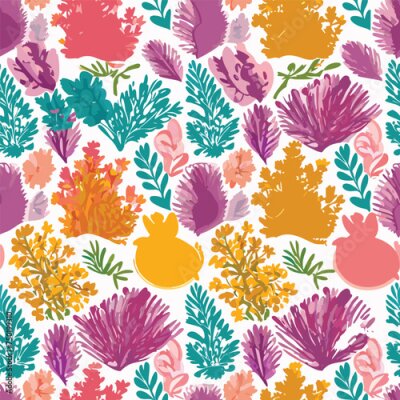 Papier peint  Beach cheerful seamless pattern wallpaper of tropical dark green leaves of palm trees and flowers bird of paradise (strelitzia) plumeria on a light yellow background