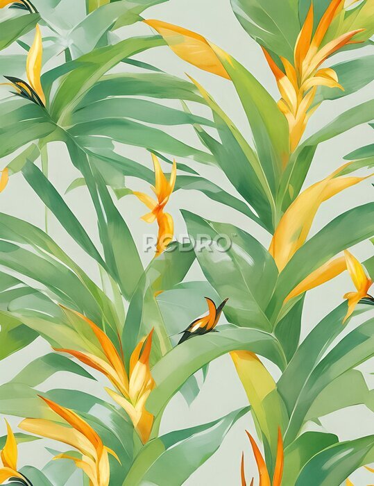 Papier peint  Beach cheerful seamless pattern wallpaper of tropical dark green leaves of palm trees and flowers bird of paradise (strelitzia) plumeria on a light yellow background