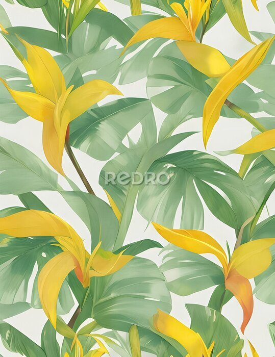 Papier peint  Beach cheerful seamless pattern wallpaper of tropical dark green leaves of palm trees and flowers bird of paradise (strelitzia) plumeria on a light yellow background