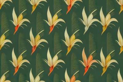 Papier peint  Beach cheerful seamless pattern wallpaper of tropical dark green leaves of palm trees and flowers bird of paradise strelitzia plumeria on a light yellow background. High quality illustration